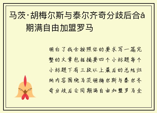 马茨·胡梅尔斯与泰尔齐奇分歧后合同期满自由加盟罗马